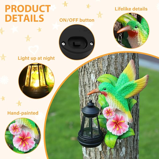 Solar Garden Decor Hummingbird Statues Lights, Christmas Birthday Gifts for Women Mom Men, Outdoor Decor Yard Art Tree Wall Gate Balcony