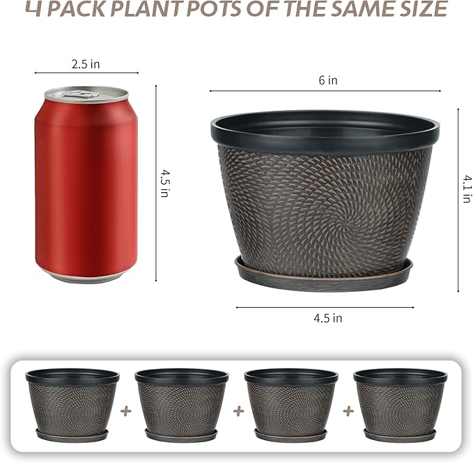 Quarut 4 Pack 6 Inch Flower Pots for Outdoor Indoor, Plastic Plant Pots with Drainage Hole & Saucer, Lightweight Small Flower Pot, Circle Pattern Planters for Garden House planters???Brown???