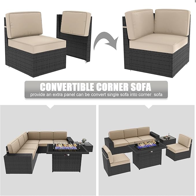 LayinSun 7 Pieces Outdoor Patio Furniture Set with 44" Fire Pit Table Rattan Sectional Sofa Conversation Sets