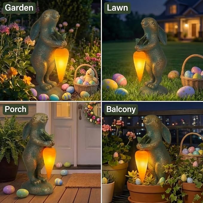 PETAFLOP Solar Garden Rabbit Statue Decor, Easter Bunny Figurine for Patio Yard Balcony Outdoor Home, Birthday Housewarming Gifts for Mom Grandma