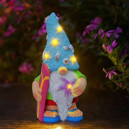 Womens Gifts Solar Garden Outdoor Statues Gnome with Surfboard and 5 LED Lights - Unique Housewarming Gifts Lawn Decor Statue for Patio, Balcony, Yard Ornament- Chrismtas Gifts for Mom Grandma