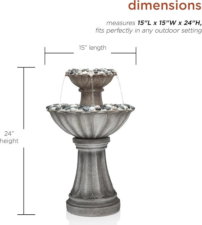 Alpine Corporation ZEN640S 24" 2 Tier Classic Pedestal Water Fountain, Indoor/Outdoor Floor Water Feature for Garden, Patio, and Home Décor, Gray