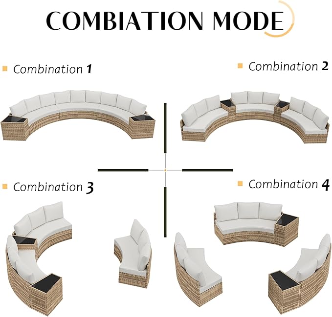 PaPaJet 11-Piece Patio Furniture Set with Large Storage Wedge Table, Half-Moon Wicker Sectional Sofa with Cushions, Waterproof Rattan Outdoor Conversation Set for Beach, Pool, Garden & Balcony, Beige