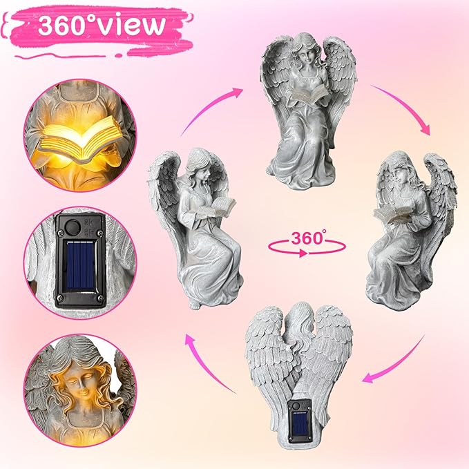 Solar Garden Outdoor Angel Statues with Book, Book Lovers Gifts for Balcony Patio Lawn Table Yard Ornaments, Solar Resin Fairy Waterproof LED Lights, Birthday Gifts for Women Mom Grandma