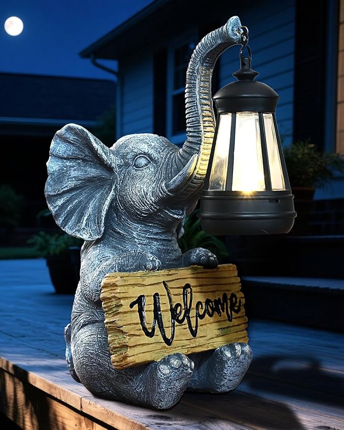 KVR Solar Elephant Garden Lights, Outdoor Welcome Statue Decor for Patio Yard, Birthday Gift for Women Mom Grandma (2025 New Gift Ready) (Black)