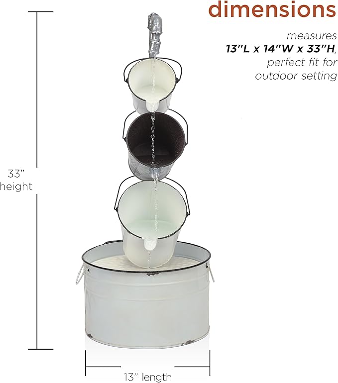 Alpine Corporation MCC594 33" Indoor/Outdoor Floor Vintage Metal Pails Fountain – Tiered Pails Garden Fountain, Water Feature for Patio, Garden, Yard, and Outdoor Spaces, Rustic Cream