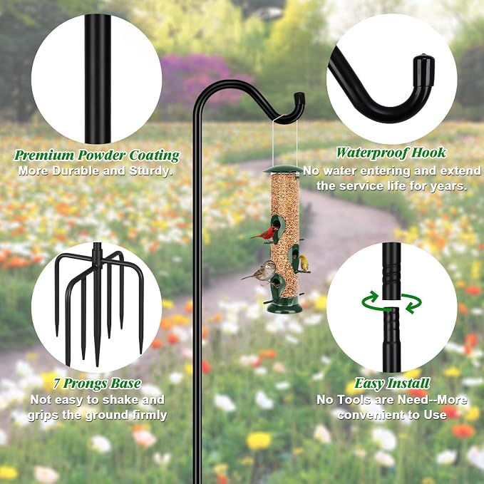 FEED GARDEN Shepards Hooks for Outdoor Bird Feeder Pole 92 Inch Adjustable Tall Heavy Duty Shepherds Hooks for Hanging Plant Baskets, Solar Lights, Wedding Decor, Lanterns, Black (2 Pack) - Image 2