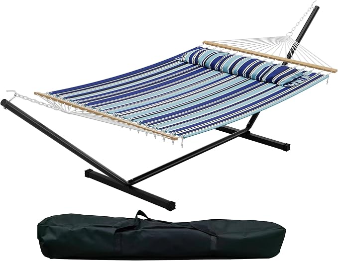 Double Hammock with Stand for 2 Person, Outdoor Freestanding Hammock Bed with 475lb Capacity - Heavy Duty Steel Frame, Quilted Pillow & Portable Carry Bag, Easy Assembly, Blue - Image 8