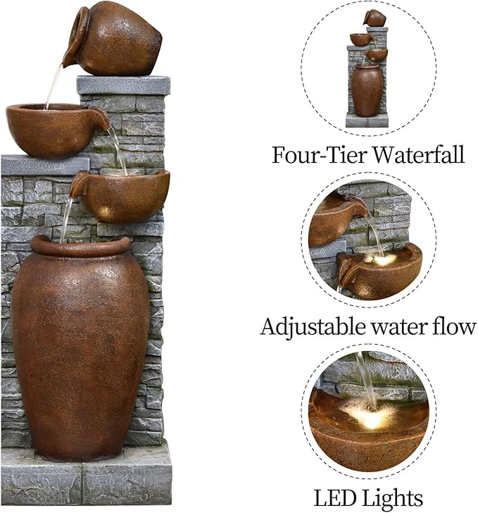 42.52" Outdoor Garden Water Fountain with Lights 4 Tiers Cascading Large Waterfall Floor Standing Fountain for Patio, Backyard, Deck, Porch and Home Art Decor