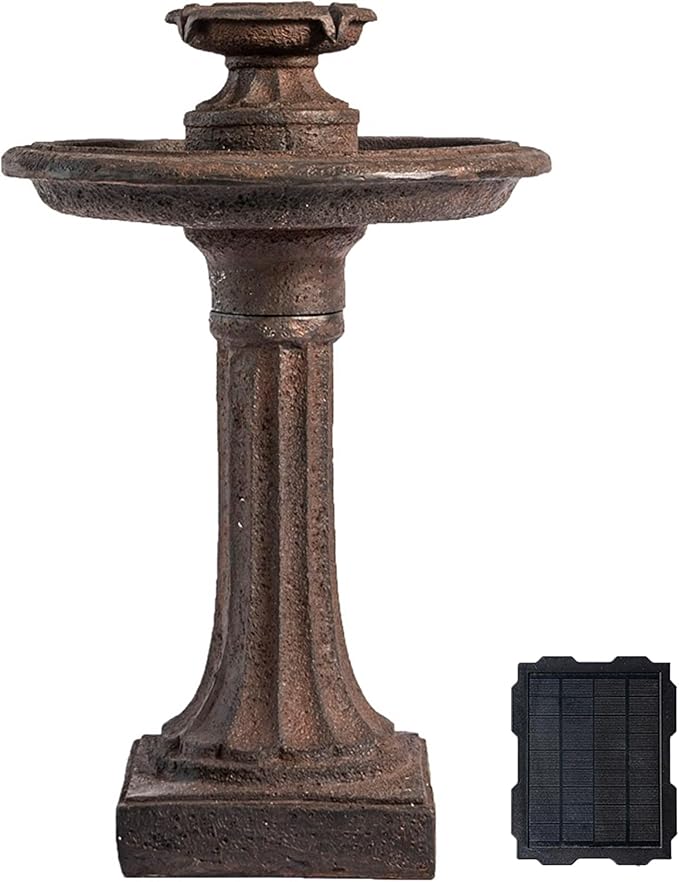 XBrand 28" Solar Powered 1-Tier Outdoor Bird Bath Water Fountain, Resin Fountain with Solar Panel Pump, Brown