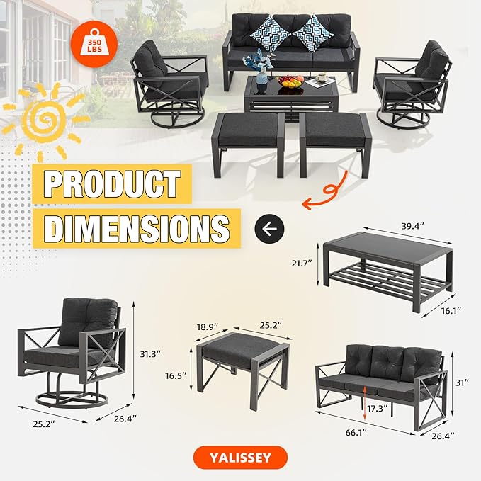 6 Pieces Metal Patio Furniture Set, Outdoor Seating Furniture with Swivel Chairs and Ottoman Ideal for Indoor Porch Deck Bistro Lawn Garden Backyard Poolside-Grey