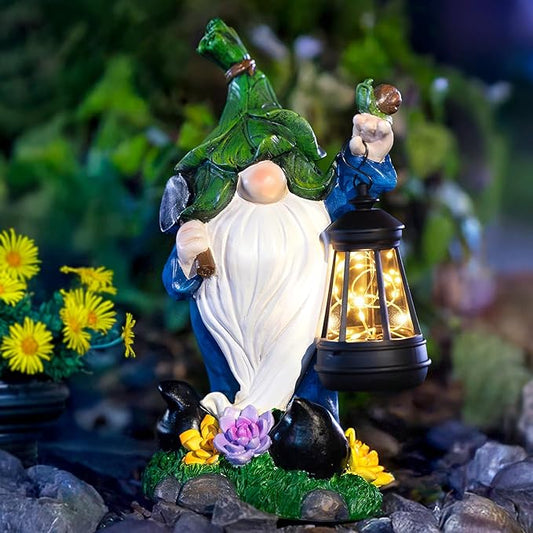 Solar Garden Gnome Statue – St Patrick’s Day Outdoor Decorations Funny Leprechaun Figurine with LED Lantern Waterproof Resin Leaf Hat Dwarf Sculpture for Patio Lawn Yard Art and Housewarming Gift