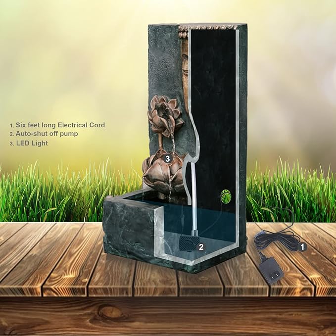 XBrand 30" H Zen Buddha Face Water Fountain w/LED Light & Pump, Indoor/Outdoor Freestanding, Relaxing Zen Décor, Bronze and Natural Grey Polyresin Fountain for Home Patio Garden Backyard
