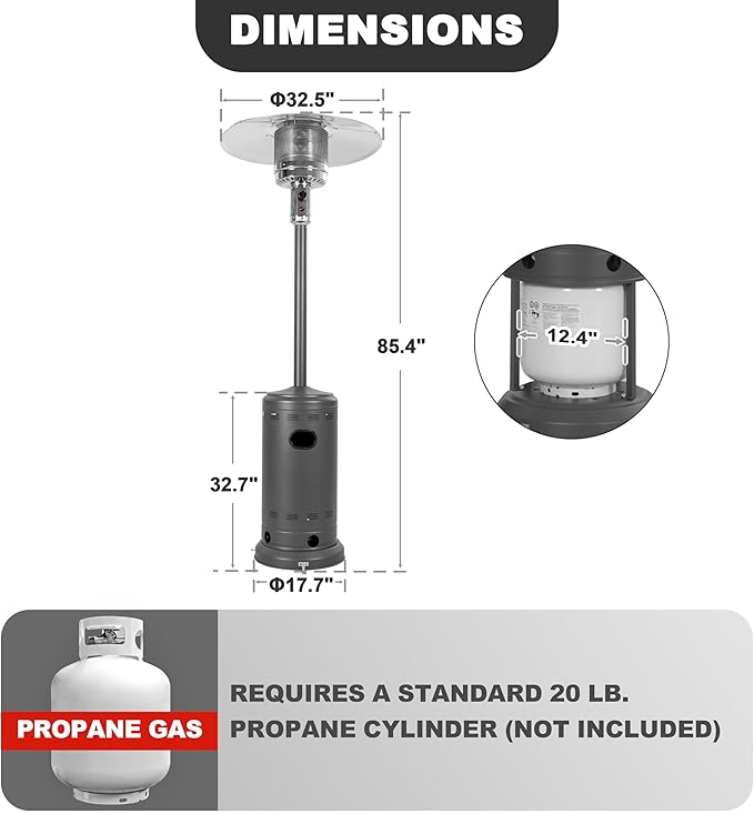 Nuu Garden Propane Outdoor Patio Heater with 304 Stainless Steel Burner and Aluminum Reflector, Powder-Coated Outdoor Heater with Wheels, Anti-Tilt Safety Shut-Off, ETL Certified, Sparkling Gray