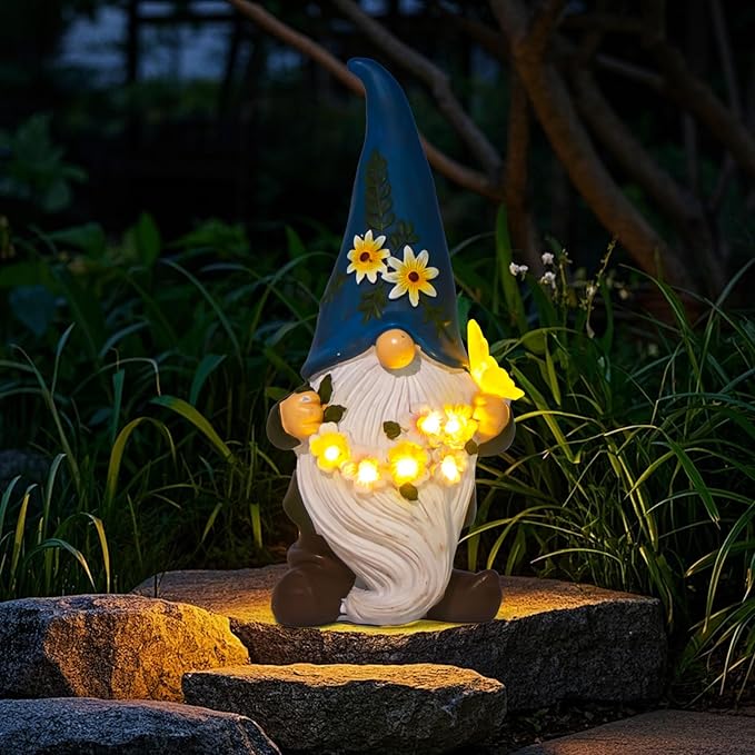DKJOCKY Gnome Garden Decor Statue with Solar Light Lantern, Funny Waterproof Resin Figurine Outdoor Decorations for Yard Patio Lawn Balcony Porch, Birthday Gifts for Women Mom Grandma