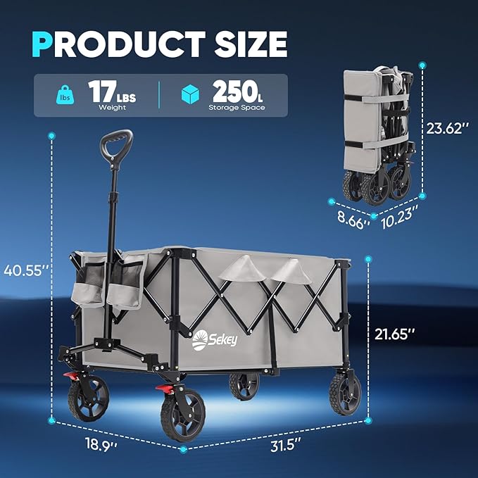 Sekey Collapsible Foldable Wagon with 330lbs Weight Capacity, Heavy Duty Folding Wagon Cart with Big All-Terrain Wheels & Drink Holders. Gray - Image 2