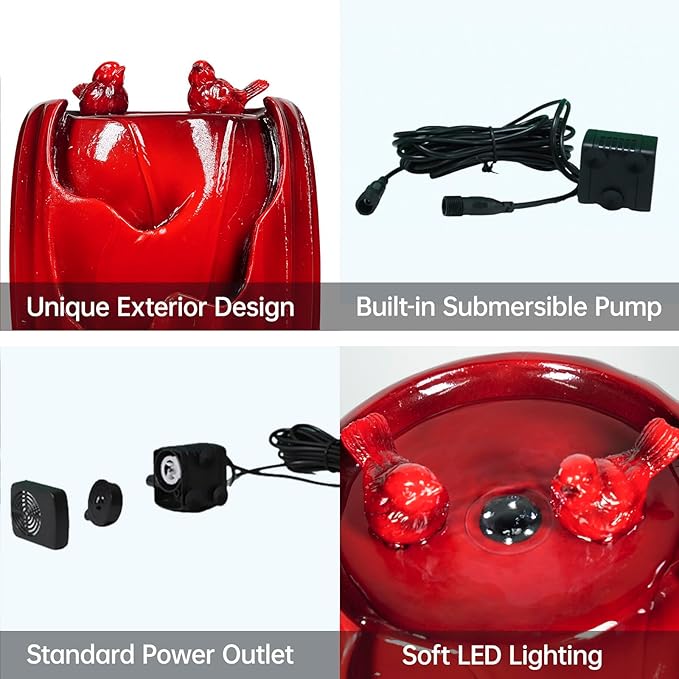 Ferrisland Solar Powered Water Fountain with LED Lights, 20" H Resin Red Vase Outdoor Freestanding Fountain with Pump, Bird Water Fountain & Water Falls for Outside Garden & Backyard Decking Décor