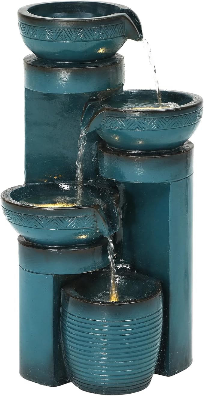 19.3" Outdoor Water Fountain with LED Lights, 4-Tier Cascading Water Feature with Pump, Turquoise Faux Ceramic Pedestal Waterfall for Garden, Patio, Yard or Porch
