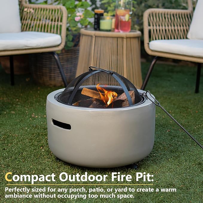 Barton 18" Round Concrete Charcoal Wood Burning Fire Pit, Magnesium Oxide Spark Screen, Fireplace Poker, Grate, BBQ Grill Firepit Charcoal Grill - Image 2