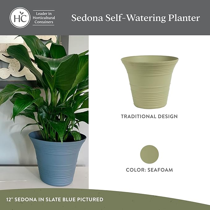 The HC Companies Sedona Round Self-Watering Pot - Lightweight Self Care Planter - Plastic Planter for Herbs & More - Durable Plant Pots for Indoor Plants & Outdoor Plants (14" Seafoam, Pack of 1)