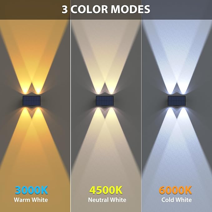 Solar Fence Lights,6Pack Solar Lights Outdoor Warm White & Natural Light & Cool White Up & Down Solar Wall Lights Waterproof 100 Lumens Fence Light forBackyard/Pool/Railing/Patio/Porch/Step