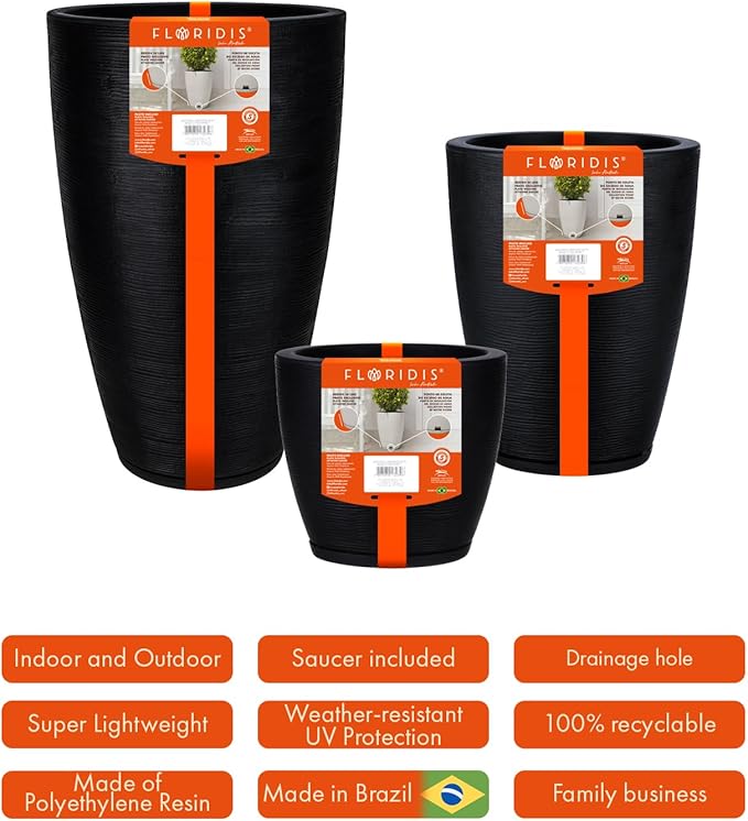Floridis Set of 3 Black Planters for Indoor Outdoor Plants, 11/17/25 Inch Plastic Plant Pots with Drainage Hole and Saucer for Patio and Front Porch