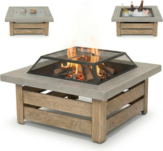 34" Wood Burning Fire Pit, Outdoor Fire Pit Table for Patio Backyard Garden, Large Square Fire Pit for Outside, Metal Firepit with Removable Lid, Mesh Cover, Poker by HillAethelOutdoor