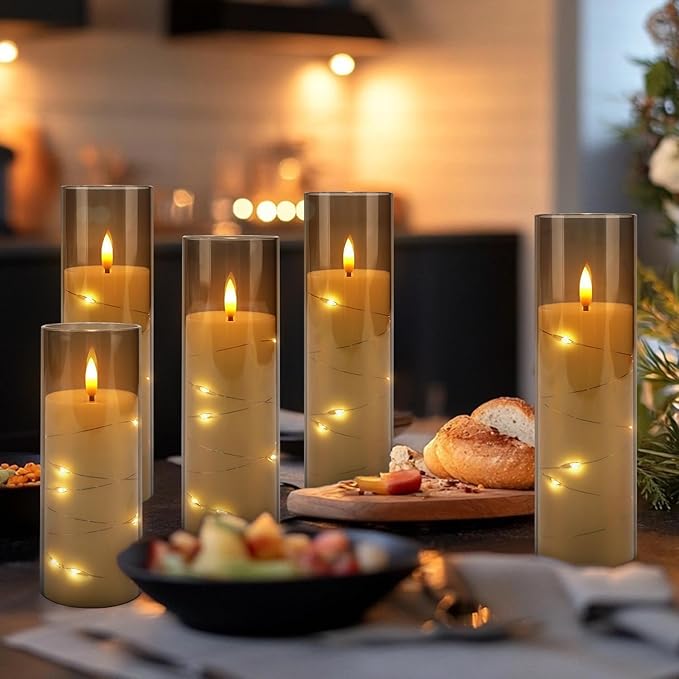 Flickering Flameless Candles Battery Operated with Remote,Led Pillar Candles with Realistic Moving Wick Candles for Halloween,Christmas,Home Decor Pack of 12 (D2.2 xH 5" 6" 7")(Grey)