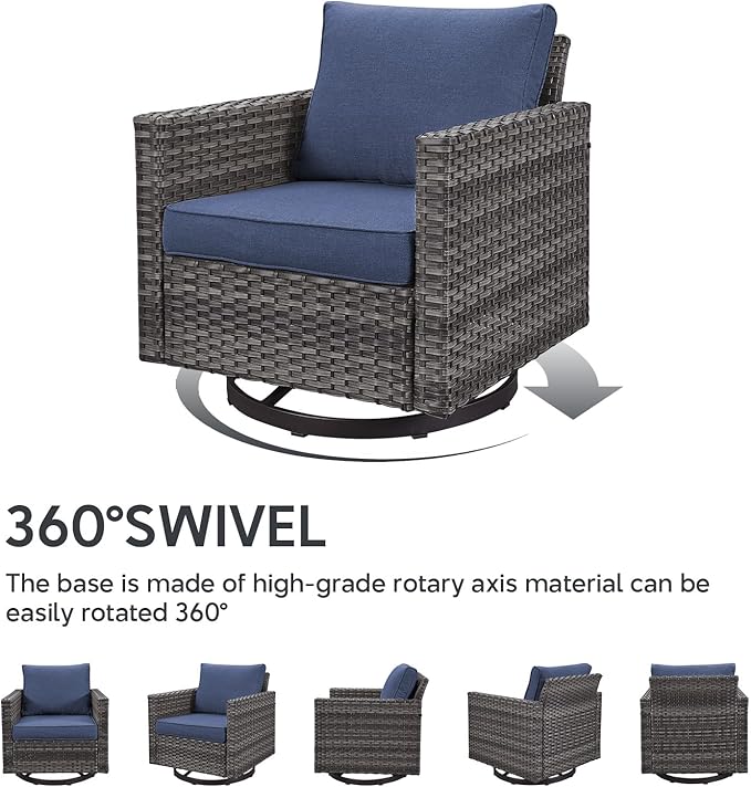 9 Piece Wicker Patio Furniture Set - Outdoor Swivel Rocker Chairs Set with Coffee Table, Rattan Chairs, 3 Seat Sofa & Ottomans, Patio Conversation Sets for Bcakyard Deck - Grey/Blue