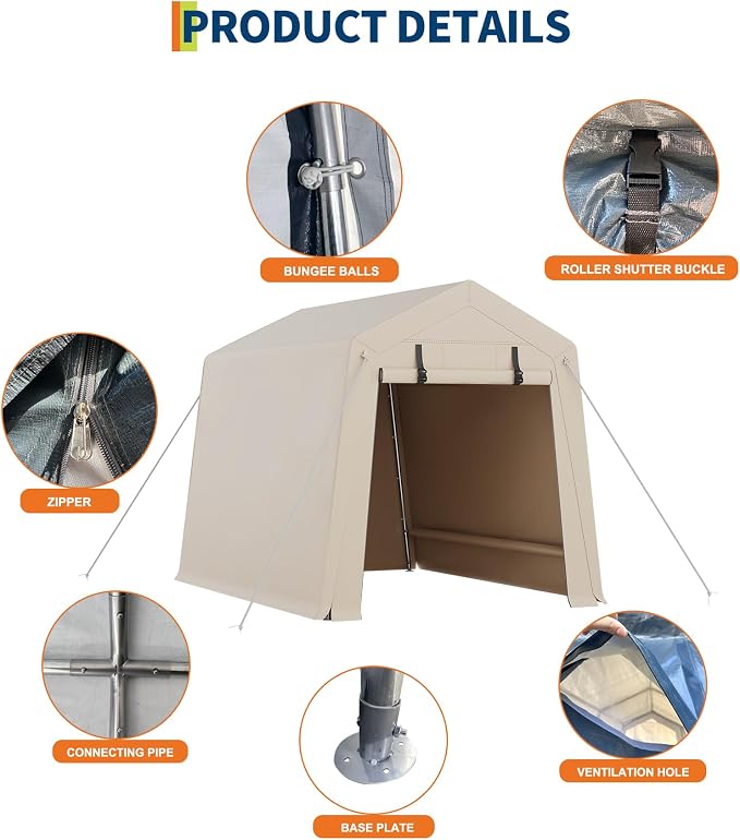 GarveeLife Portable Outdoor Storage Shed with Roll-Up Zipper Door & Vent, 240G Heavy-Duty Shelter Waterproof PE Tarp, UV-Resistant Carport for Motorcycle, Firewood, Tools (Khaki, 6'x8') - Image 3