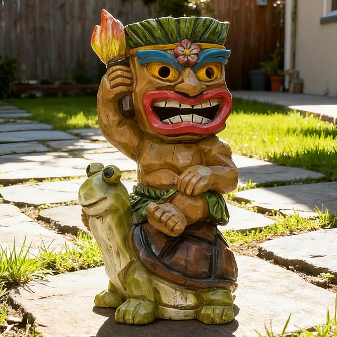 Tiki Outdoor Statue with Turtle Decor - Solar Powered Garden Figurine Tiki Art for Tiki Bar,Backyard,Garden,Yard,Flowerbed,Walkway,Patio,Lawn,Porch Decorations,Gifts