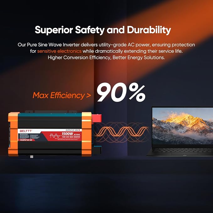 BELTTT 1500W Pure Sine Wave Inverter 12V to 120V AC, Inverter 12V to 110V Converter for Solar, Off-Grid, RV, Truck, Power Inverter with Dual AC Socket, 5V 2.1A USB, Surge 3000W, Smart LCD Display - Image 5