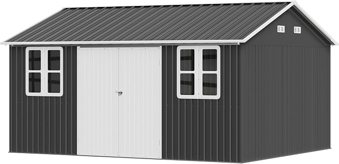 VanAcc 12 x 14FT Outdoor Storage Shed with a Lockable Hinged Door and 2 Windows, Nordic Cottage Metal Shed for Backyard, Garden, Patio, Dark Grey/White - Image 9
