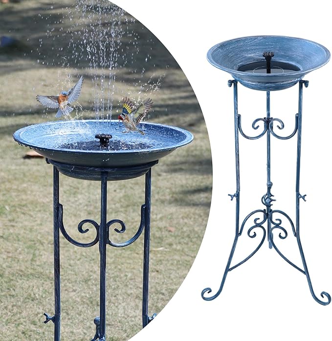 Solar Bird Bath for Outside, Metal Birdbath Stand and Solar Fountain Bird Bath Bubbler Combo Set, Solar Birdbaths for Outdoors Garden Lawn Yard Decor（Blue）