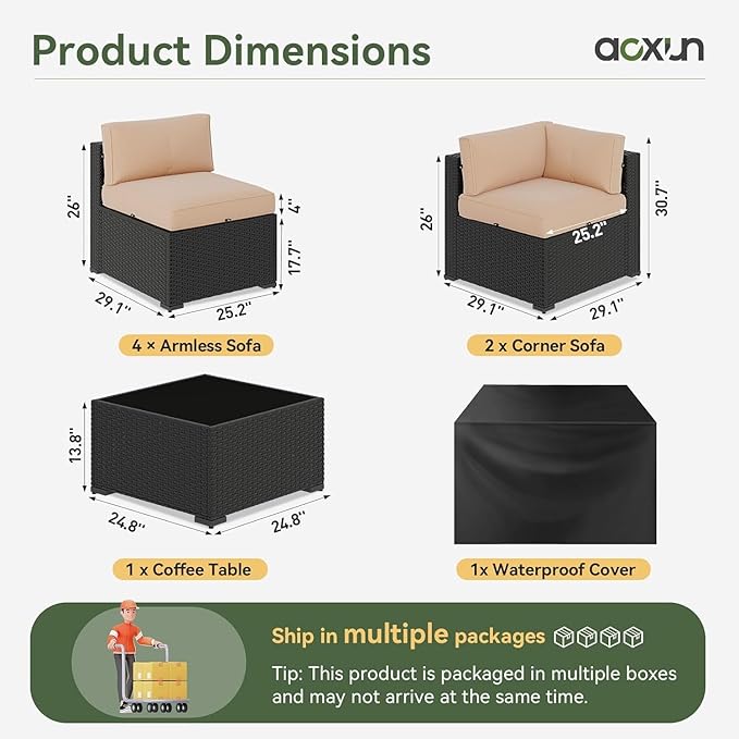 Aoxun 7 Piece Patio Furniture Set, Wicker Rattan Patio Sectional Sofa, Outdoor Furniture Set with Thickened Cushion, Beige