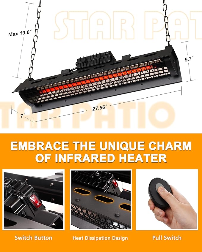 Star Patio Electric Patio Heater with Remote, Outdoor Wall Mounted & Ceiling Heater, Outdoor Heaters, Hanging Patio Heater, Industrial Black, STP2020-A-RMN2025