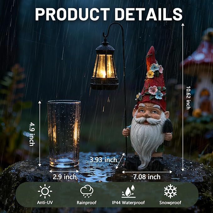 Garden Gnomes Statue with Solar Lantern, Outdoor Gnome Decorations for Yard, Outdoor Figurine Ornament with LED Lights for Patio Lawn, Valentine's Day Birthday Gift for Women Mom Grandma