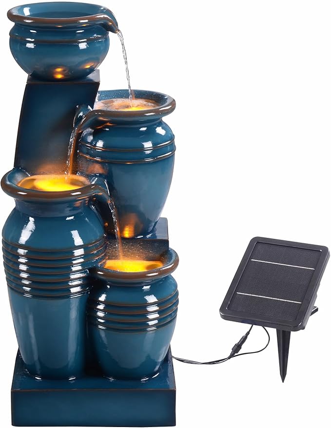 Teamson Home 28.74 in. 4-Tier Cascading Bowl Solar-Powered Water Fountain with LED Lights for Gardens, Landscaping, Patios, Balconies, Lawns, Blue