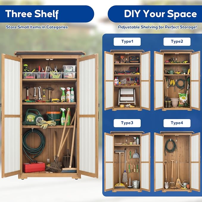 Storage Cabinet Outdoor Garage Cabinets with 3 Adjustable Shelves, Lockable Door, Wood & Metal Weather-Resistant Pantry Cabinet for Patio Garden Home Farm (33.3" Lx 21" Wx 69" H) - Image 6