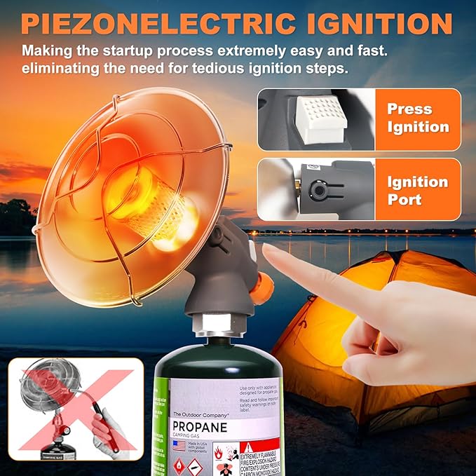 Portable Propane Heater Outdoor Camping Heater, 8500 BTU, Piezo Ignition, for Patio Tent Picnic Ice Fishing, With Cylinder Base Holder & Storage Case (Without Tank)