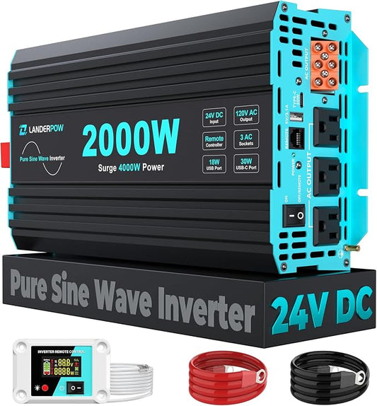 2000 Watt Pure Sine Wave Inverter, 24V DC to 120V AC Inverters for RV, Truck, Solar, Home, Power Inverter with 3 AC Outlet, 30W USB-C, 5V 3.1A USB, Hardwire Port, Remote Control, Surge 4000W by Unknown