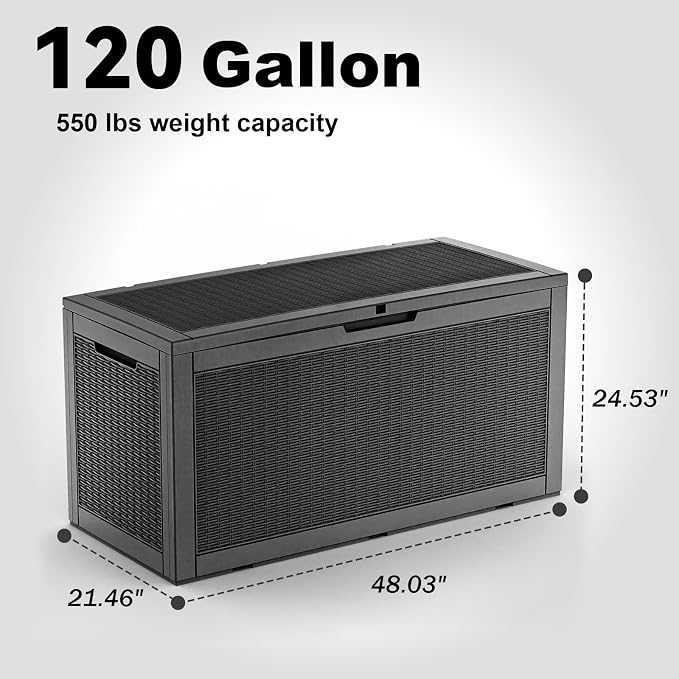 PatioZen 120 Gallon Resin Deck Box, Lockable Weatherproof Outdoor Storage Box for Furniture, Garden Tools and Tools Storage, Waterproof Outside Storage Boxes - Black - Image 2