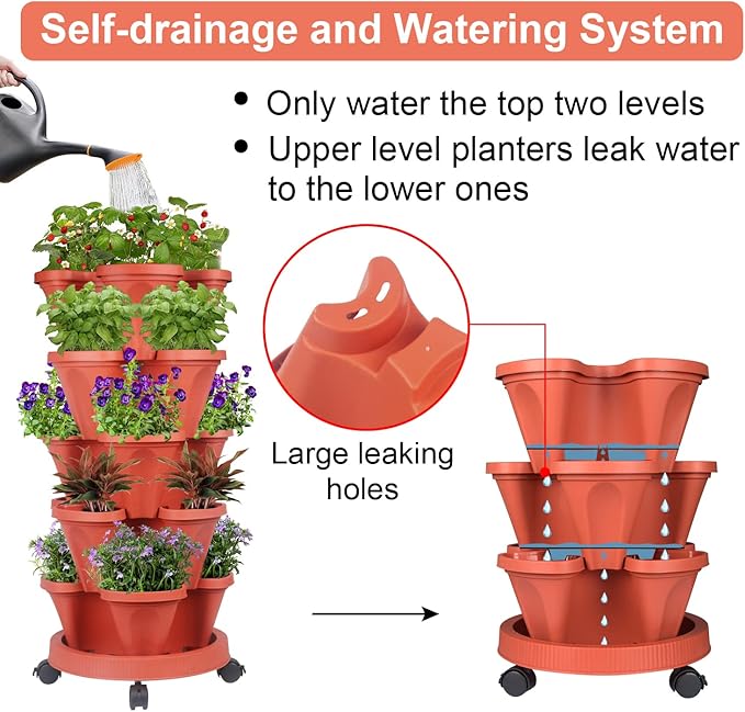 GameXcel Vertical Planter Tower - 5 Tier Stackable Garden Planters with Wheels and Tools Plant Pots for Strawberry Herb Flower and Vegetable Indoor Outdoor Use Red 2 Pack