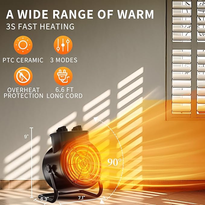 VCJ Outdoor Heaters for Patio, 1500W PTC Portable Greenhouse Heater with Overheat Protection, 3 Heat Modes, 3S Quick Heating Electric Space Heater for Garage, Porch, Home, Office, Grow Tent