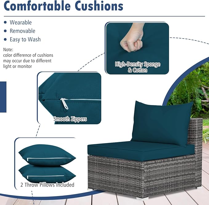 Tangkula 7 Piece Patio Wicker Furniture Set, Outdoor Rattan Sectional Sofa Set for 6 with Seat & Back Cushions, 2 Throw Pillows, Sofa Fastener Clips, for Backyard, Poolside, Deck (Peacock Blue)