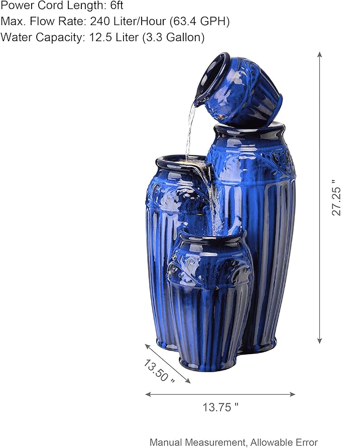Glitzhome Water Fountain Outdoor with LED Lights, 4-Tier Ceramic Pots Outdoor Water Fountain, Embossed Pattern Cascading Water Feature for Garden Patio Backyard, Cobalt Blue, 27.25" H