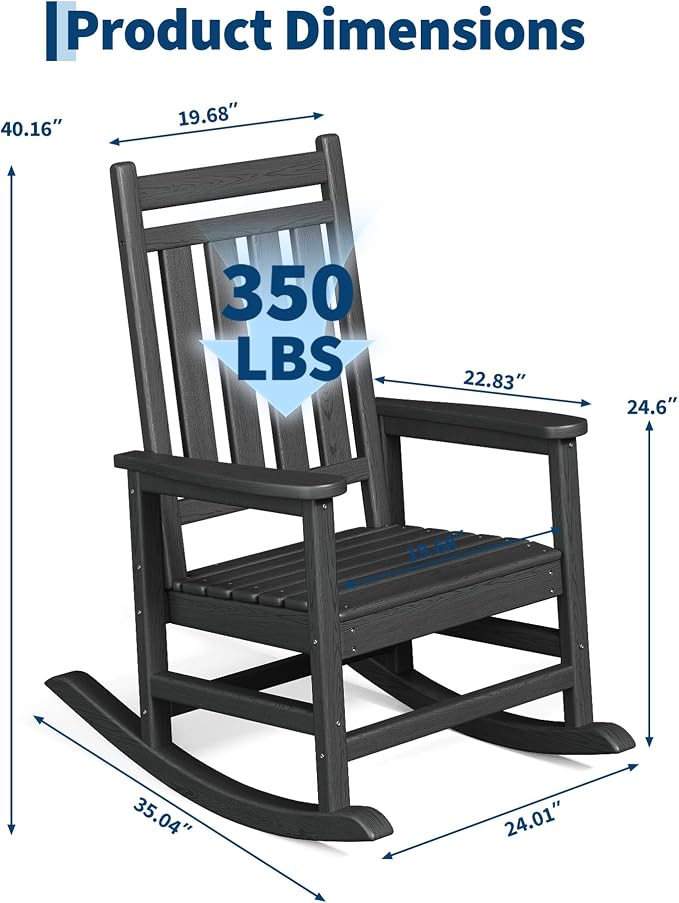Garvee HDPE Rocking Chair Outdoor Set of 6 - Poly High Back Porch Rocker Chairs for Adults - All Weather Resistant Furniture for Patio Front Porch - Black - Image 2