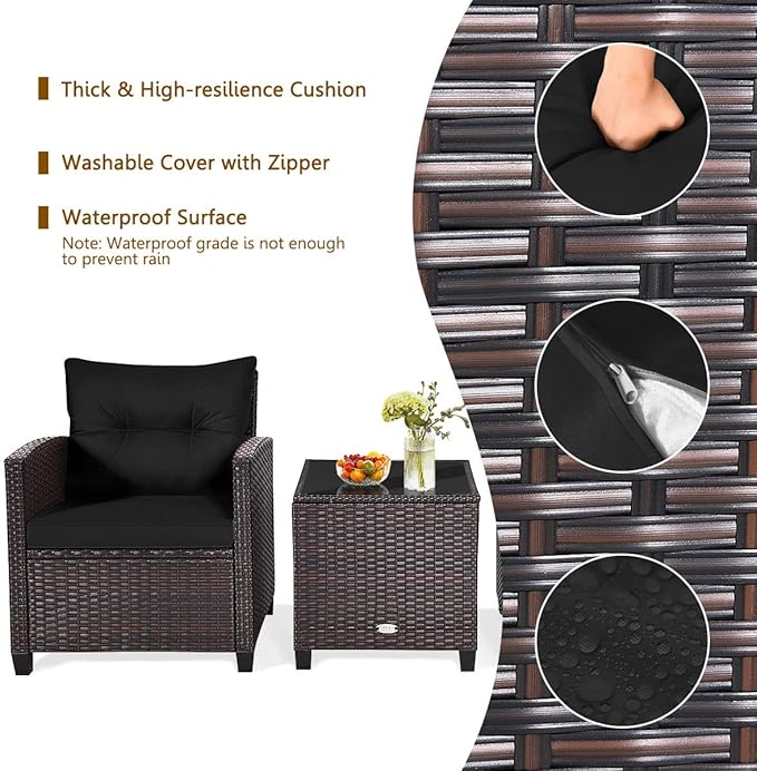 RELAX4LIFE 3 Piece Patio Furniture Set, Wicker Bistro Conversation Set w/ 2 Cushioned Armchairs & Glass Topped Table, Outdoor Rattan Sofa Set Patio Furniture for Porch Balcony Poolside (Black)