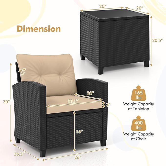 HAPPYGRILL 3 Pieces Wicker Patio Conversation Set, PE Rattan Bistro Sofa Set with Tempered Glass Coffee Table, Washable Cushions, Outdoor Furniture Set for Garden Poolside Balcony (Beige)