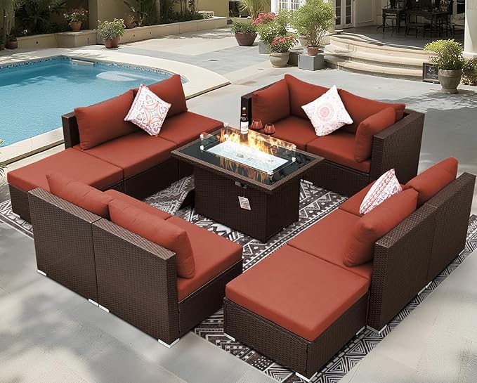 BULEXYARD 11 Piece High Back Outdoor Furniture Set with Firepit, Elegant Patio Conversation Set with Ottoman Modular, Extra Wide Deep 10-Seats Sectional Couch Sofa for Yard, Brown Rattan & Red Cushion